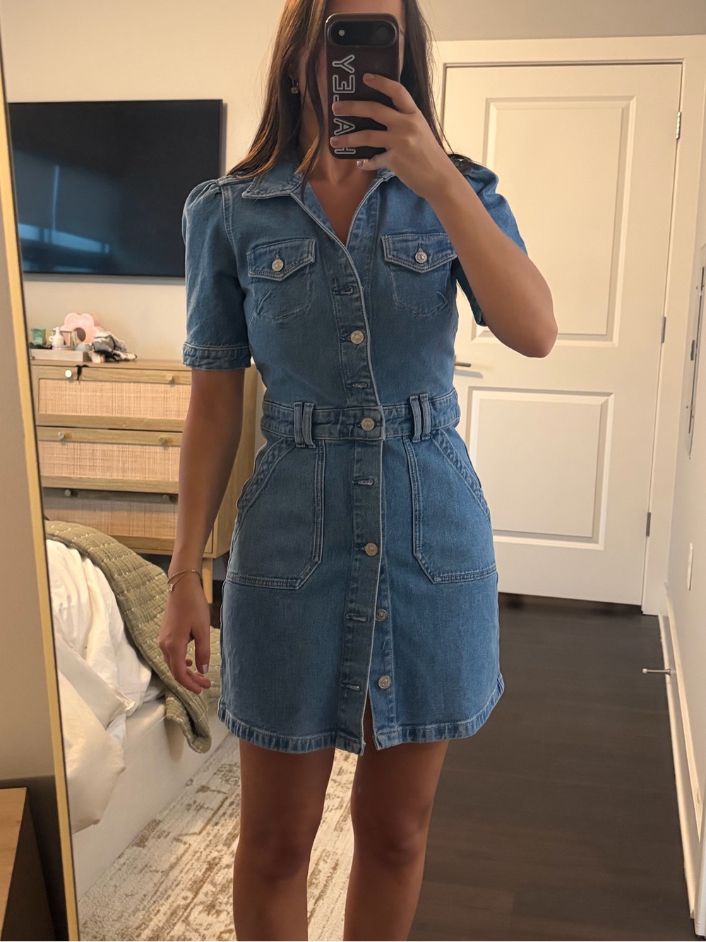 PAIGE Short Sleeve Button-Front Denim Mini Dress in Light Blue